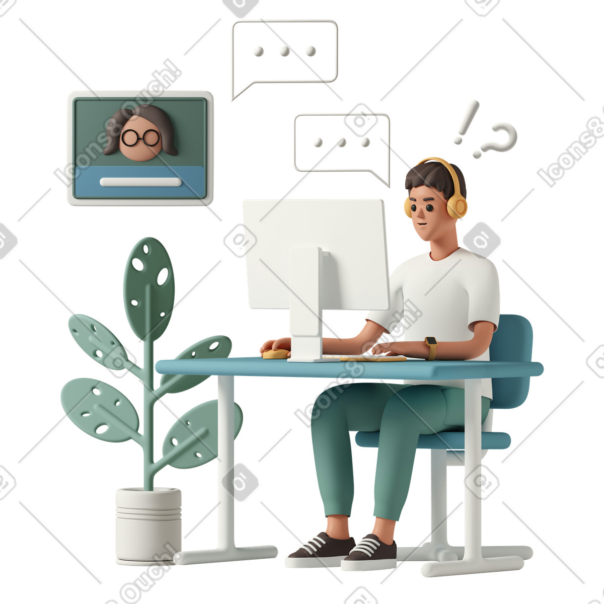 Boy studying remotely with tutor illustrazione in stile 3D Casual life scarica in PNG, SVG