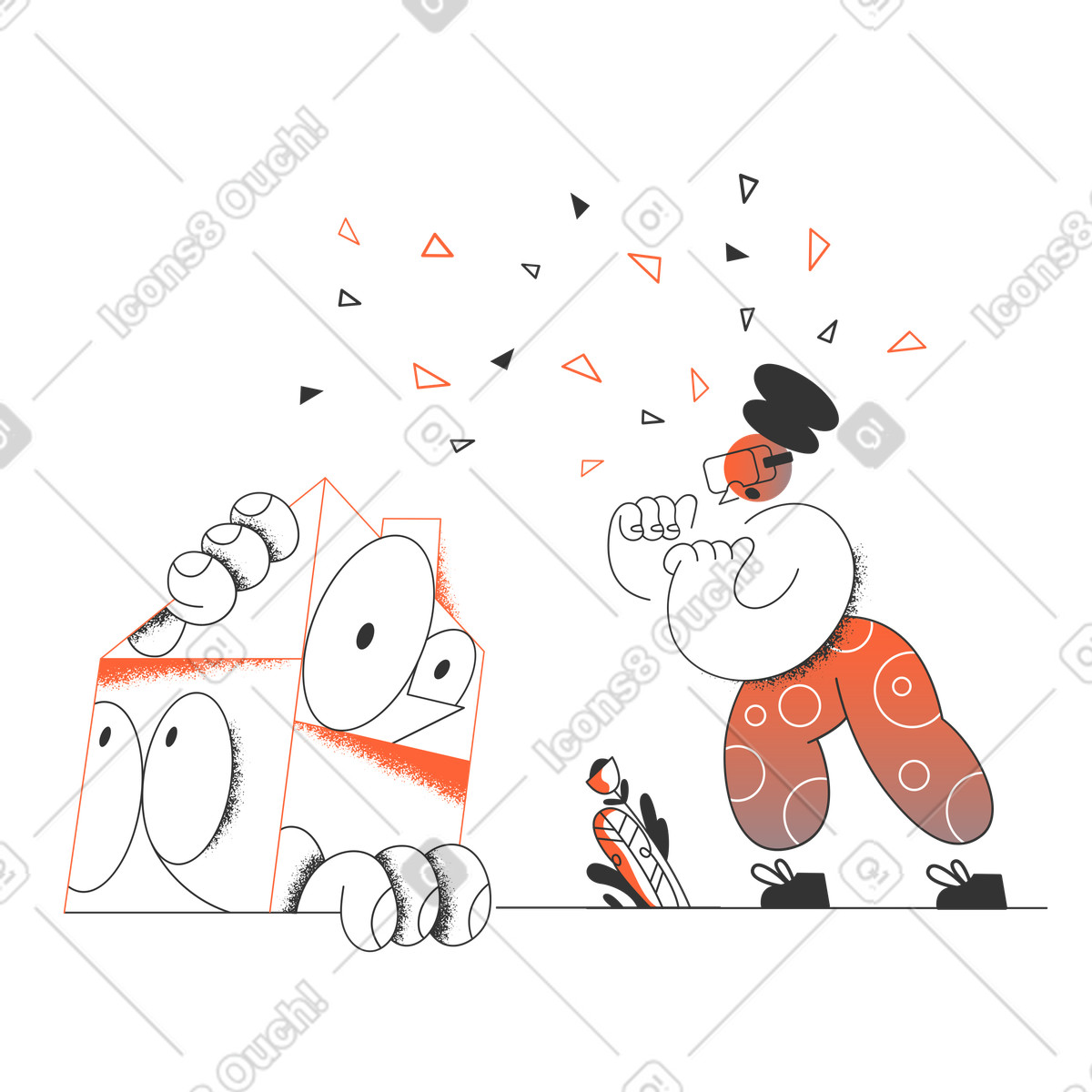 Illustration Une femme avec un casque de réalité virtuelle observe la maison des personnes en quarantaine dans le style Crayon à télécharger aux formats PNG, SVG