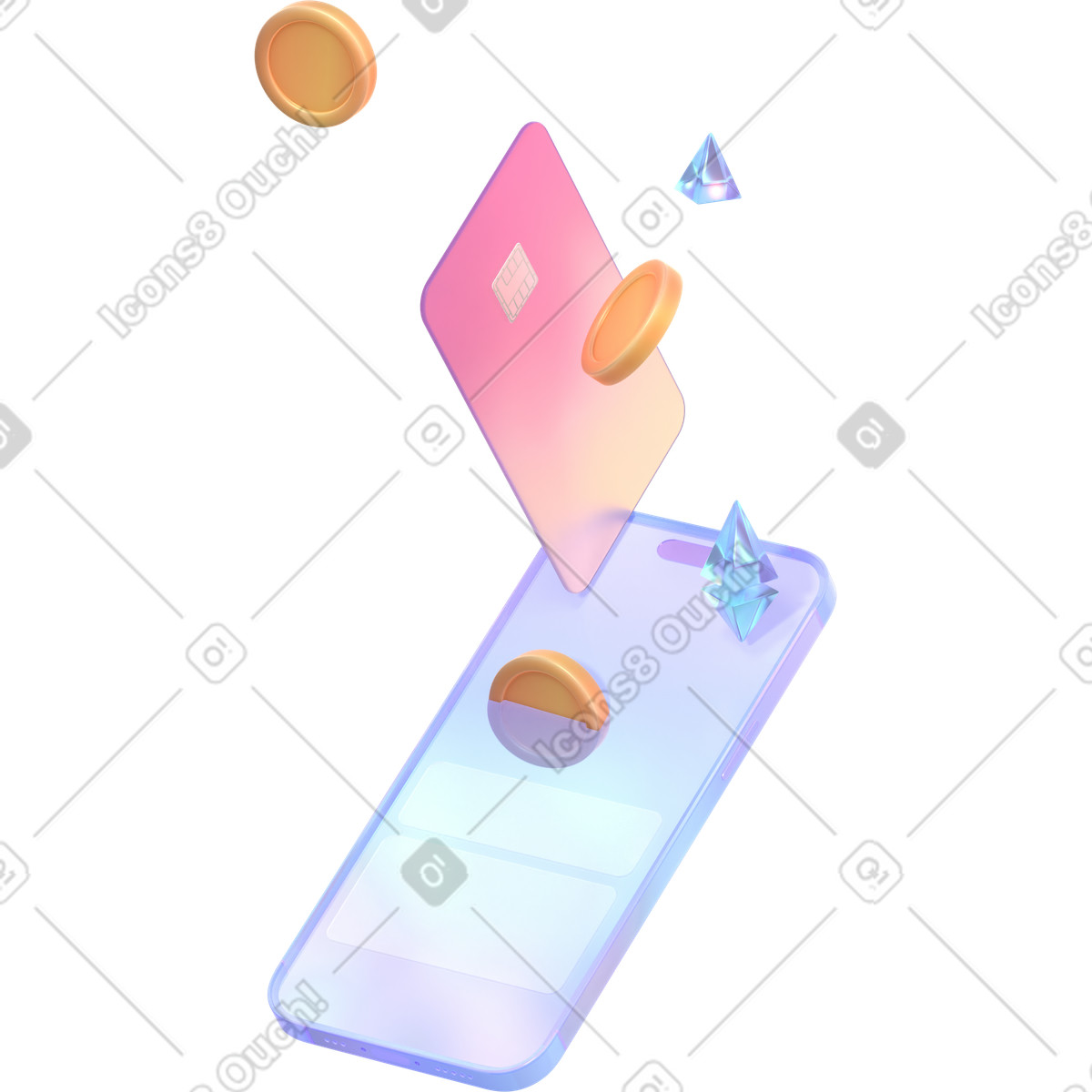 Abstract phone with coins and card illustration in 3D Glassy style download in PNG, SVG