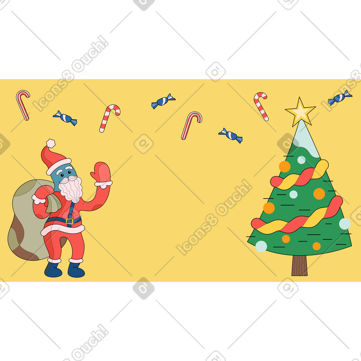 Santa Claus throwing sweets near Christmas tree, joy and gifting illustration in Surr style download in PNG, SVG