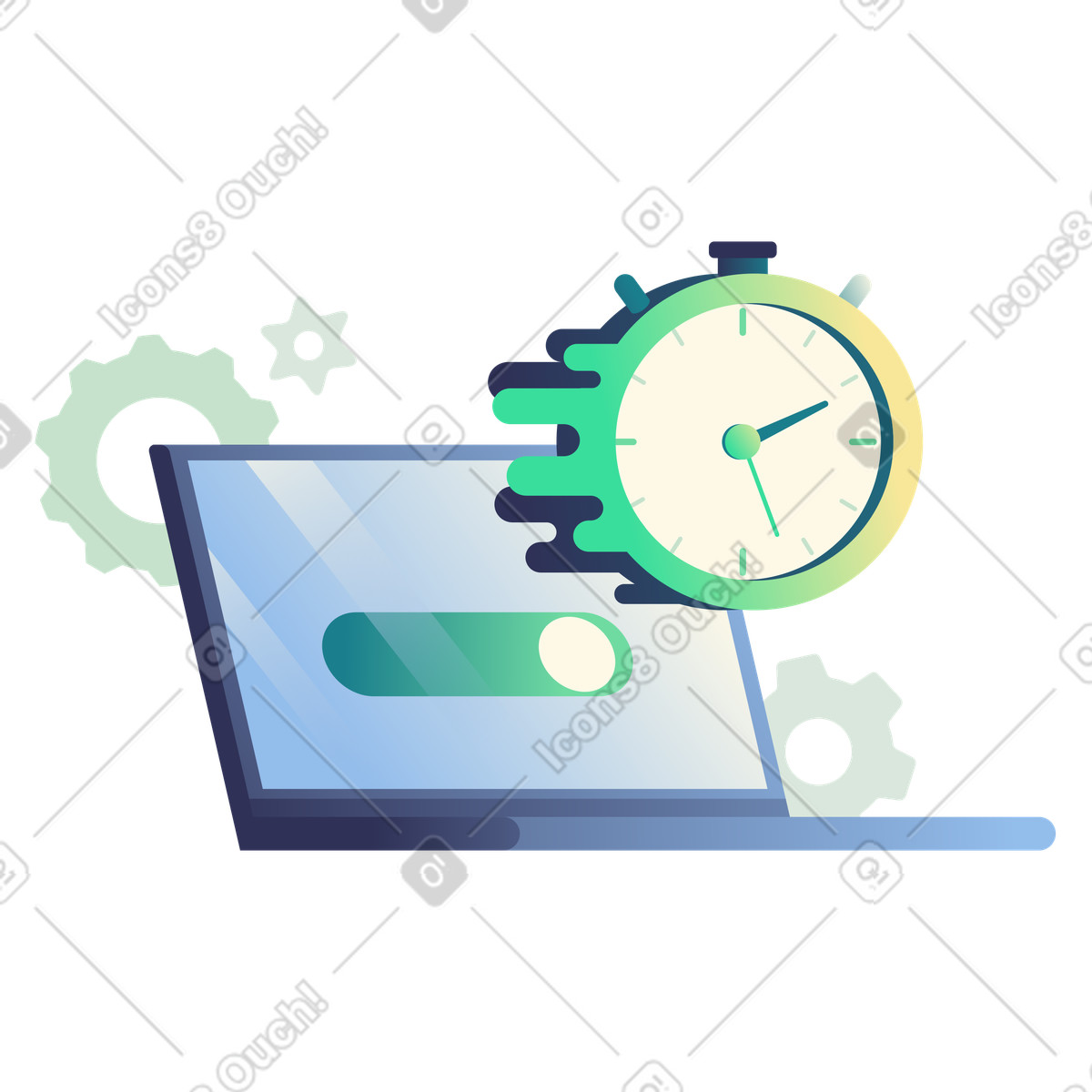 Illustration Ordinateur portable avec chronomètre et engrenages rapides, configuration instantanée, démarrage rapide dans le style Beam à télécharger aux formats PNG, SVG