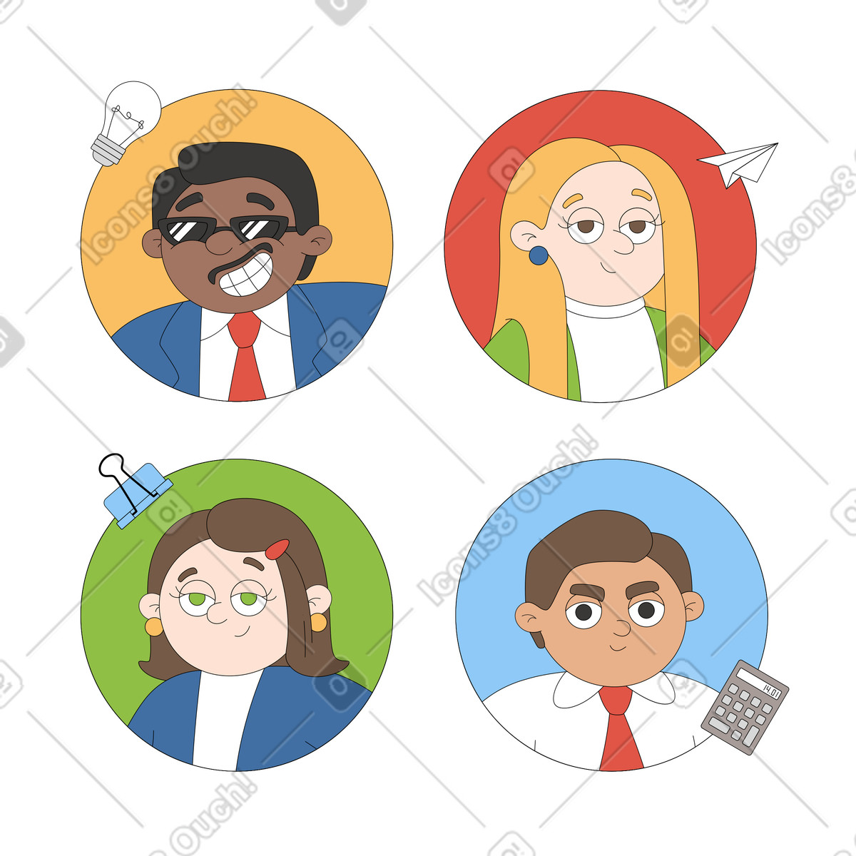 Ilustración Paquete de pegatinas avatares del personal oficina tres en estilo Sitcom a descargar en PNG y SVG