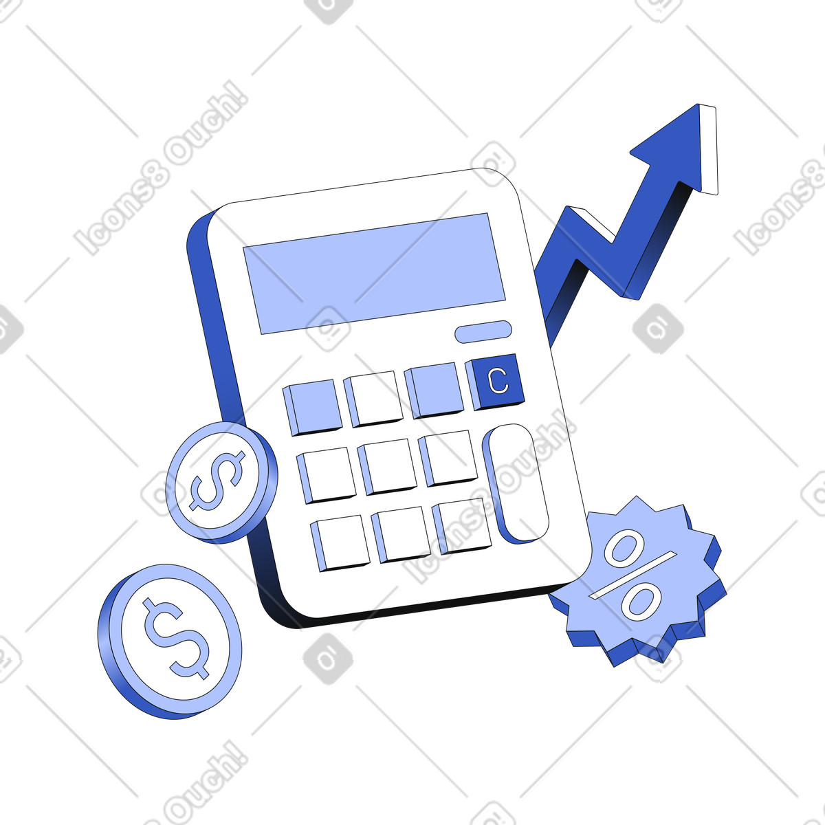 Loan interest growth with calculator and dollar coins illustration in Techny style download in PNG, SVG