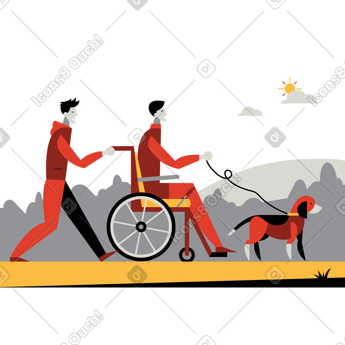 下载 Burgundy 风格的 轮椅使用者与男孩和狗一起散步 插画，支持 PNG、SVG 格式