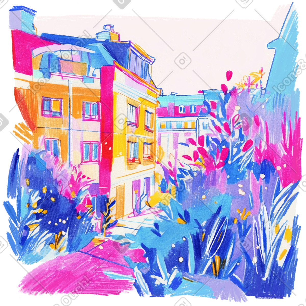 Ilustração de Desenho a lápis paisagem urbana com vegetação e edifícios em no estilo Fuchsia para baixar em PNG, SVG