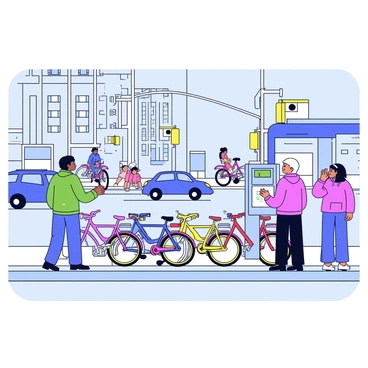 A bike share station with several bicycles parked in designated slots. The bicycles are brightly colored with a mix of red, blue, and yellow frames. Nearby, two people are looking at the bike rental screen, one wearing a green jacket and the other in a pink hoodie. The busy intersection features cars and pedestrians maneuvering through the streets. In the background, there are tall buildings and traffic lights, adding to the liveliness of the scene.