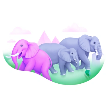 A pink elephant marching confidently among a herd of gray elephants. The pink elephant stands out with its vibrant color, highlighting its playful demeanor. Each gray elephant is depicted with detailed textures, showcasing their wrinkled skin and large ears. The background features a soft, pastel-colored landscape, enhancing the imagery of the scene. The elephants are positioned in a line, with their trunks held high, creating a sense of movement and unity in the march.