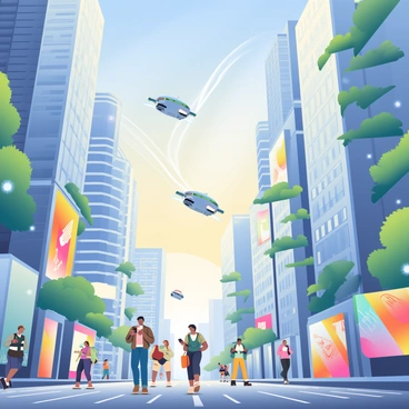 A bustling futuristic city is filled with towering skyscrapers made of glass and steel, reflecting the sunlight with gleaming surfaces. Flying cars zip through the sky, leaving trails of light behind them as they navigate through the air space between the buildings. The streets below are busy with pedestrians in modern attire, some using handheld devices, while others interact with holographic displays. In the background, digital billboards show vibrant advertisements, and greenery is integrated into the architecture, with vertical gardens on the sides of buildings. The sky is a gradient of blue and orange, suggesting a sunset that casts a warm glow over the entire cityscape.