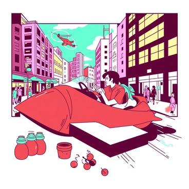 A red and white rocket-shaped vehicle is speeding through a bustling city street. Inside, two characters, dressed in matching outfits of red and white, are frantically managing the controls while glancing back nervously. The buildings surrounding them are tall and colorful, with neon lights illuminating the scene. In the air above, a teal drone is hovering, scanning for their location. To the side of the vehicle, there are various clever gadgets and smoke bombs being prepared for quick use. The street is filled with surprised pedestrians looking on as the chase unfolds.