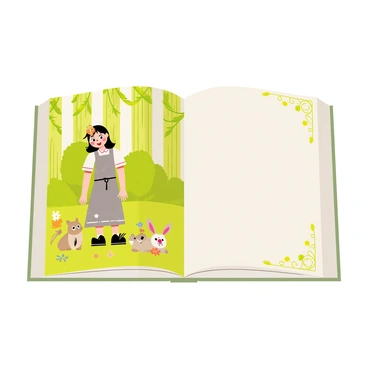 An open storybook with a decorative cover featuring intricate designs. The first scene of "Aschenputtel" is illustrated on the left page. It depicts a young girl with long brown hair, wearing a tattered gray dress, standing in a lush green forest. Surrounding her are various animals, including a small bird perched on her shoulder and a friendly rabbit at her feet. The background showcases tall trees with bright green leaves and colorful flowers scattered throughout the forest floor. The right page is blank, with a delicate border design.