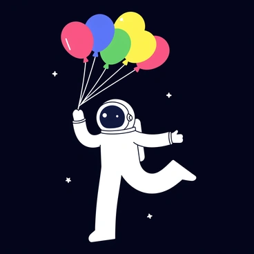 An astronaut in a white spacesuit is floating in the blackness of space. The spacesuit has a round helmet with a reflective visor. The astronaut is attached to several colorful balloons that are floating above, with strings connecting them to the suit. The balloons are in various colors including red, blue, yellow, and green. Stars twinkle in the background, adding depth to the scene.