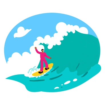 A surfer riding a giant wave, with water cascading around him. The wave is a deep turquoise with white frothy crests, showcasing its immense power. The surfer is wearing a vibrant red wetsuit and is positioned skillfully on the board, with one arm raised for balance. Above, a bright blue sky stretches out, dotted with a few fluffy white clouds. The sunlight glistens off the water's surface, creating sparkling reflections.