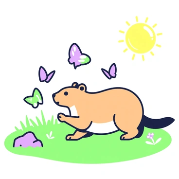 A prairie dog is chasing after butterflies in a grassy field. The prairie dog has a light brown coat with a slightly fluffy tail. Around it, several colorful butterflies are fluttering about, their wings shimmering as they move. The sun is shining brightly overhead, casting distinct shadows on the ground, where tufts of grass sway gently in the breeze. In the background, there are small rocks and patches of wildflowers adding to the lively scene.
