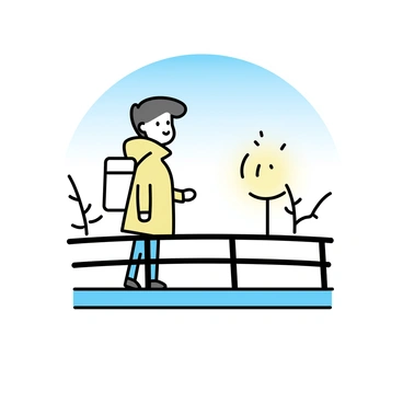 A traveler standing on a simple wooden bridge, looking towards a small light glowing in the distance. The traveler is wearing a lightweight backpack and a long coat, with a thoughtful expression on their face. The bridge is surrounded by a few minimalistic trees, and the light appears to be emanating from a small lantern or flame in the far background. The sky above is clear, with a hint of twilight colors transitioning from blue to soft orange.