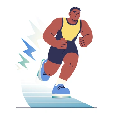 A man with dark skin and short hair is depicted in mid-sprint, showcasing a powerful athletic build. He is wearing a fitted black and yellow running outfit, and his facial expression conveys intense focus and determination. Behind him are vivid, stylized lightning bolts in shades of blue and white, trailing dynamically as he moves forward. The ground beneath him consists of a textured running track, and there is a hint of motion blur that emphasizes his speed. The background is a soft gradient, transitioning from light blue at the top to deeper blue at the bottom.