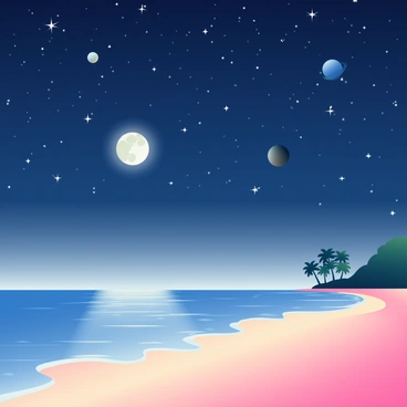 A beach at night is illuminated by glowing sand that emits a soft, ethereal light. The gentle waves of the ocean lap at the shore, reflecting the glow of the sand. Above, a starry sky is filled with numerous bright stars and several visible planets, each shining distinctly. The silhouette of distant palm trees can be seen framing the beach, and the moon casts a silver sheen over the landscape, adding to the overall luminosity.