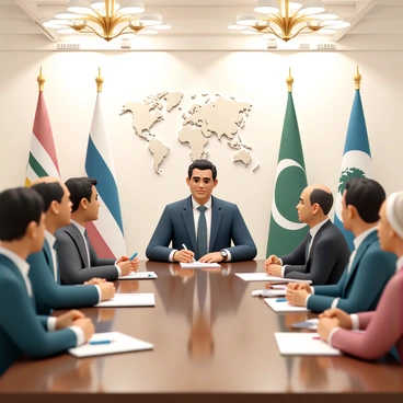 Sam Houston, wearing a formal dark blue suit with a white shirt and a patterned tie, is sitting at a large, polished wooden conference table. He has a focused expression as he engages in conversation with a diverse group of international diplomats. Each diplomat is dressed in formal attire, showcasing different cultural styles, with some wearing suits and others in traditional garments. Various flags representing different nations are displayed around the room, and the walls are adorned with historical maps. The setting is bright, with elegant chandeliers overhead casting a warm light on the gathering. There are notepads and pens in front of each participant, indicating an active discussion taking place.