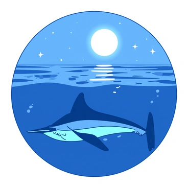 A sleek marlin with a shimmering blue body is swimming gracefully beneath the surface of calm water. The full moon above casts a bright white glow, illuminating the water and creating a silvery reflection that dances with the gentle ripples. The marlin, with its elongated snout and pointed fins, glides smoothly, leaving a trail of bubbles behind. Stars twinkle in the night sky, adding to the enchanting atmosphere of the scene.