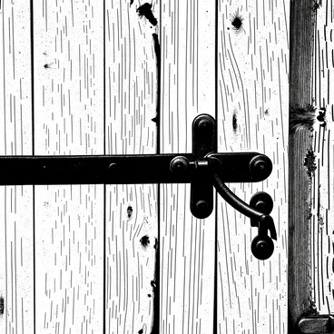 A close-up view of a weathered barn door showcasing intricate textures. The wood grain is deeply pronounced, with visible knots and cracks adding character to the surface. The door features rusted iron hinges and a latch, which are partially obscured by peeling paint. The overall structure exhibits signs of age, with patches of missing wood and areas where the weather has worn down the surface. The focus is on the detailed textures of the barn door, highlighting its rustic and historic appearance.