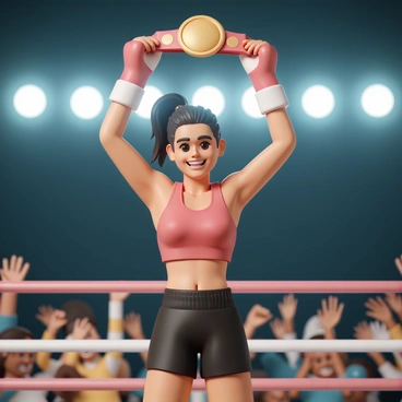A female boxer, wearing a red sports bra and black shorts, stands in the center of a boxing ring. She has shoulder-length dark hair tied back in a ponytail. Her muscles are defined, showcasing her strength and athleticism. She is raising a shiny championship belt above her head with both hands, displaying a broad smile of triumph on her face. The ring is illuminated by bright overhead lights, highlighting the excitement of the moment. In the background, a cheering crowd is visible, their hands raised in celebration.