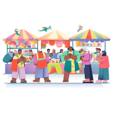 A bustling market scene is filled with various stalls showcasing exotic goods. There are vibrant fabrics hanging from the tent-like structures in rich hues of red, blue, and gold. A vendor with olive skin and a long, flowing robe is displaying shimmering jewelry, while another stall features colorful spices in intricate jars. Magical creatures are present, such as a small dragon with emerald scales perched on a shelf, and a whimsical, multi-colored bird fluttering above the crowd. Customers of diverse backgrounds are interacting, some examining goods, while others are engaging in animated conversations. The market is lively, with soft light illuminating the entire scene.