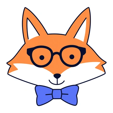A fox face with a sleek and sharp appearance. The fox has bright orange fur with white accents around the eyes and muzzle. It is wearing round glasses perched on its nose, emphasizing its intelligent look. A small, stylish bow tie in a deep blue color is tied neatly around its neck, adding a touch of sophistication. The background is simple, allowing the focus to remain on the fox's expressive features and accessories.