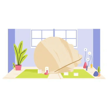 A meditative space featuring a large conch shell placed prominently in the center. Soft green mats are laid out on a light wooden floor, creating a comfortable setting. Surrounding the conch shell are small white candles, providing a warm glow. Delicate plants with broad leaves are positioned at the corners, adding a touch of nature to the scene. The walls are painted in calming shades of blue, enhancing the tranquil atmosphere. Various decorative stones in earthy tones are scattered around the shell, contributing to the peaceful ambiance.