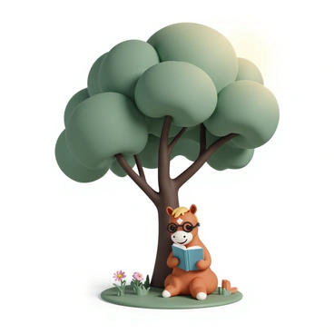 A cartoon horse with a shiny chestnut coat and a white star on its forehead is sitting comfortably on the grass, reading a storybook. The horse is wearing oversized, round glasses and has a smile on its face as it looks at the pages. Above, a big, leafy tree provides ample shade, with large branches extending outward. The tree's leaves are a vibrant green, gently rustling in the breeze. Sunlight filters through the branches, casting dappled shadows on the ground around the horse. A few whimsical flowers bloom nearby, adding splashes of color to the scene.