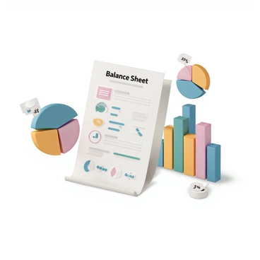 A balance sheet document with 3D pie charts and bar graphs coming to life