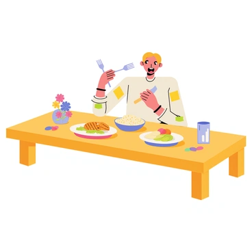 A person with short brown hair is sitting at a rectangular wooden dining table. The person is holding a fork and a knife, bringing a piece of food to their mouth with a look of enjoyment on their face. The table is set with a colorful tablecloth and has a plate filled with a variety of food, including a grilled chicken breast, steamed vegetables, and a serving of mashed potatoes. A glass of water and a small vase with flowers are also on the table. The warm glow of soft lighting enhances the cozy atmosphere of the dining experience.