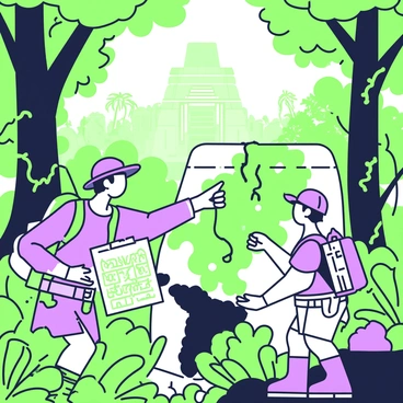 A group of explorers is navigating through a dense jungle filled with towering trees and thick foliage. They are dressed in practical outdoor gear and carrying backpacks. One explorer is holding a map and pointing towards a large, moss-covered stone structure partially hidden by vines. Another explorer is examining ancient carvings on the stone, with intricate designs depicting figures and symbols. The lush greenery surrounds them, with shafts of light breaking through the canopy above, illuminating their discoveries. In the background, the silhouette of a crumbling temple can be seen, shrouded by the dense jungle.
