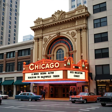 The iconic Chicago Theater, featuring its grand façade with ornate detailing and bright red and gold accents. The marquee is prominently displayed, showcasing the theater's name in bold, illuminated letters. Below the marquee, a unique, customized light display features a series of colorful lights that flash in a dynamic pattern, creating a vibrant atmosphere. The surrounding area includes a bustling street scene with pedestrians and vintage cars, adding to the lively urban setting.