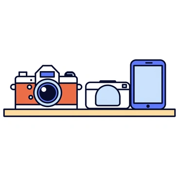 An old camera with a vintage design, featuring a leather casing and metallic accents, is placed on a wooden shelf. Next to it, there is a sleek modern digital camera with a compact form and a large lens. Beside the digital camera lies a glossy smartphone with a touchscreen display. The shelf is simple and has a light wood finish, complementing the items on it.