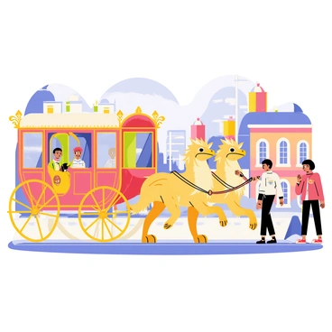 A beautifully ornate royal carriage with golden accents and intricate carvings, featuring large wheels and a canopy. The carriage is being pulled by two majestic mythical creatures, resembling griffins, with powerful wings and sharp beaks. The city streets are bustling with activity, showcasing colorful buildings and curious onlookers. The sky is bright and clear, adding vibrancy to the scene. The atmosphere is lively, with people pointing and marveling at the royal procession as it moves gracefully through the city.