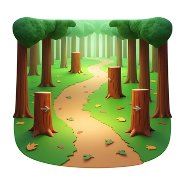 A forest trail with a winding path surrounded by tall trees. The ground is covered with a mix of fallen leaves and soft moss. Scattered along the trail, there are several tree trunks with "arrows" carved into them, pointing in various directions. The arrows are distinct and clear, guiding the way further into the forest. Sunlight filters through the canopy, casting dappled shadows on the trail.