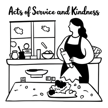 A woman in an apron kneading dough on a countertop in a cozy kitchen. She has a rolling pin in one hand and a bowl of cookie dough beside her. The kitchen is filled with baking supplies, including measuring cups and flour scattered on the counter. In the background, there is an open window with a view of a garden. A plate filled with freshly baked cookies sits on the table, and a small basket with a decorative cloth indicates that she plans to share them. The words "Acts of Service and Kindness" are prominently displayed above the scene.