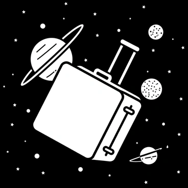 A suitcase is drifting in outer space, surrounded by a vast expanse of stars. The suitcase has a glossy exterior with a sturdy handle, and its zippers are partially open. Behind it, various planets are visible, each with distinct shapes and sizes. One planet has rings encircling it, while another appears to have a textured surface. The scene captures the surreal juxtaposition of the suitcase against the cosmic backdrop filled with celestial bodies.