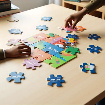 A 3D puzzle spread out on a light-colored wooden table, with various pieces scattered around. In the center, a nearly completed puzzle reveals a vibrant image of a financial theme. There are puzzle pieces labeled with the words "Savings", "Investments", and "HDFC Life", prominently displayed. The pieces are in different colors and shapes, showing some interconnectedness as they fit together. A pair of hands, belonging to a person with dark skin, reaches for a piece, in the process of placing it into the puzzle. The background features a softly lit room with a few financial books stacked on one side.