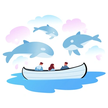 A pod of whales is swimming gracefully in the water next to an Inuit canoe. The canoe is made of wood and has a traditional design, with two figures inside wearing warm clothing. The water is a deep blue, contrasting with the light-colored wood of the canoe. Above, the sky is a soft gradient of pastel colors, transitioning from light pink to pale blue. The whales are emerging from the water, their large bodies glistening in the light, creating splashes as they breach. The surrounding water is calm, reflecting the pastel hues of the sky.