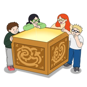 A group of four friends is gathered around a large, mysterious box that emits a soft, golden glow. The box is intricately designed with swirling patterns and carved symbols. Each friend displays a different expression of wonder: one boy with curly brown hair stares wide-eyed, while a girl with straight black hair and green glasses leans in closer, her mouth open in awe. Another girl with wavy red hair rests her chin on her hands, smiling in amazement. Lastly, a boy with glasses and spiky blonde hair reaches out towards the box, curiosity evident on his face. The surroundings are filled with soft shadows, enhancing the enchanting glow of the box.