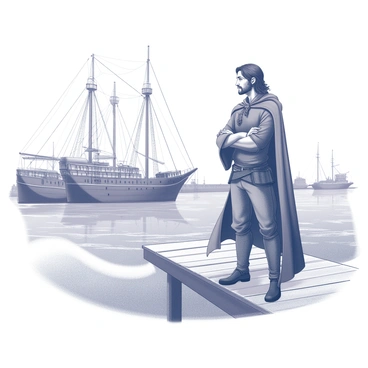 A tall man with long dark hair stands confidently on a wooden pier. He is dressed in rugged travel attire, featuring a cloak that billows slightly in the breeze. The harbor stretches out before him, with several ships docked neatly along the edges. The vessels are well-built, displaying sails folded and rigging secured. In the background, gentle waves lap against the pier, creating a sense of tranquility. The scene captures an air of adventure as the man gazes thoughtfully towards the horizon.