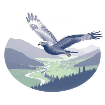 A hawk with outstretched wings is soaring high in the sky. Its feathers are detailed, exhibiting a variety of textures. Below, the lush green valleys of Kashmir stretch out, dotted with patches of dense trees and winding rivers. The landscape features rolling hills that create a dramatic backdrop, enhancing the sense of elevation. The hawk glides gracefully, with keen eyes scanning the terrain for movement, embodying a sense of freedom and power in its flight.