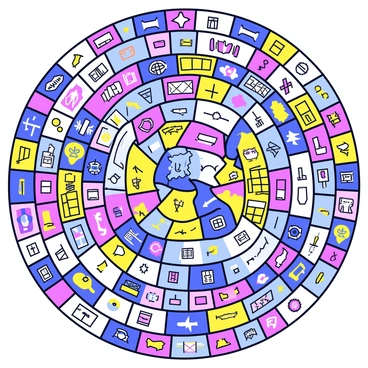 A large mosaic artwork composed of numerous small, colorful tiles. Each tile features designs and symbols that represent various world cultures, such as traditional patterns, architectural motifs, and iconic imagery. The mosaic is arranged in a circular shape, allowing for an intricate display of diversity and unity. The overall composition highlights the vibrant colors and unique styles of each culture, creating a visually engaging piece.