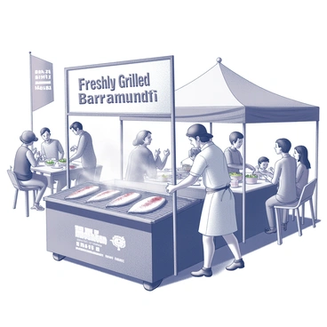A bustling outdoor festival scene filled with people enjoying various activities. In the foreground, a stall is prominently displayed, showcasing a large sign that reads "Freshly Grilled Barramundi." The stall is adorned with colorful decorations, and a grill is visible, with large fillets of barramundi sizzling and emitting steam. A vendor, wearing an apron and a hat, is seen flipping the fish on the grill. Nearby, a couple of customers, including a child, are eagerly waiting to place their orders, captivated by the aroma of the grilled fish. Tables and chairs nearby are occupied by festival-goers enjoying their meals, with vibrant banners fluttering in the background.