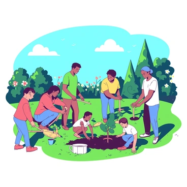 A group of diverse community members is planting young trees in a park under a bright blue sky. The sun is shining, casting soft shadows on the lush green grass. Each person is engaged in the activity, some digging holes while others carefully place the young trees into the ground. Nearby, there are gardening tools and small wooden stakes ready for use. A few children are playfully running around, adding a sense of joy to the scene. In the background, colorful flowers bloom, creating a vibrant atmosphere.