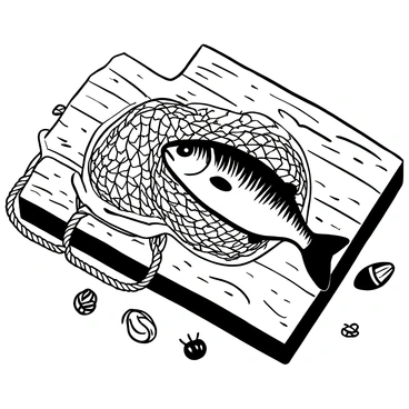 A fishing net with a dead fish tangled up in it is lying on a weathered wooden dock. The dock planks show signs of wear, with uneven textures and visible grains. The fishing net has intricate patterns, with knots and loops, while the fish's scales shimmer subtly. Nearby, there are scattered shells and small pebbles, adding texture to the scene. The surrounding area features hints of rope and fishing gear, enhancing the fishing theme.