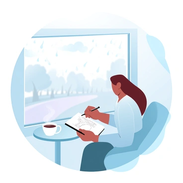 An artist is sitting at a small round table inside a café, sketching the view from a window. The window is partially fogged due to the rain outside, creating a soft blur of the scene beyond. Raindrops are sliding down the glass, catching the light. Outside the window, there are blurred silhouettes of trees swaying gently in the wind, and the ground is wet, reflecting the muted colors of the street. The artist has a sketchbook open, with visible pencil lines illustrating the landscape. A steaming cup of coffee is placed on the table next to the artist's hand. The atmosphere conveys a cozy, inviting environment.