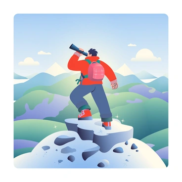 A mountain climber with a rugged appearance and a bright red jacket is standing triumphantly at the summit of a snow-capped mountain. The climber has short, dark hair and is wearing climbing gloves and sturdy boots. In their hands, they are holding a black scope aimed towards the vast horizon. A clear blue sky stretches above, and below, a breathtaking view of rolling hills and valleys can be seen, dotted with patches of greenery. Wispy clouds float in the sky, and the sunlight casts a warm glow over the landscape. The climber's backpack is resting on the ground beside them, and small rocks and snowflakes are scattered across the rocky summit.
