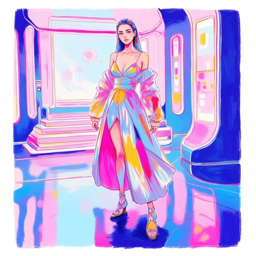 A model stands confidently in a futuristic dress made of metallic fabrics that glimmer in various shades of silver and blue. The dress features sharp geometric shapes, creating a striking silhouette that contrasts with the smooth lines of her figure. The model has sleek hair pulled back, emphasizing her angular features. In the background, a sci-fi setting showcases advanced technology, with glowing panels and holographic displays creating a dynamic atmosphere. The floor is a reflective surface that mirrors the model and her dress, enhancing the overall futuristic vibe.