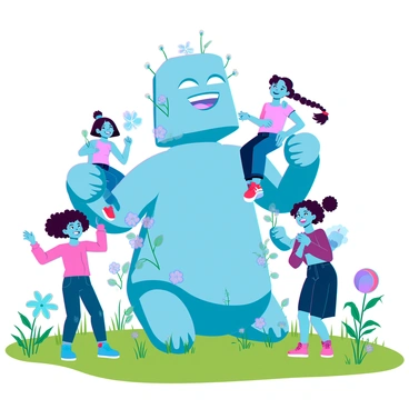 Children laughing and playing around a gentle clay golem in a sunny park.